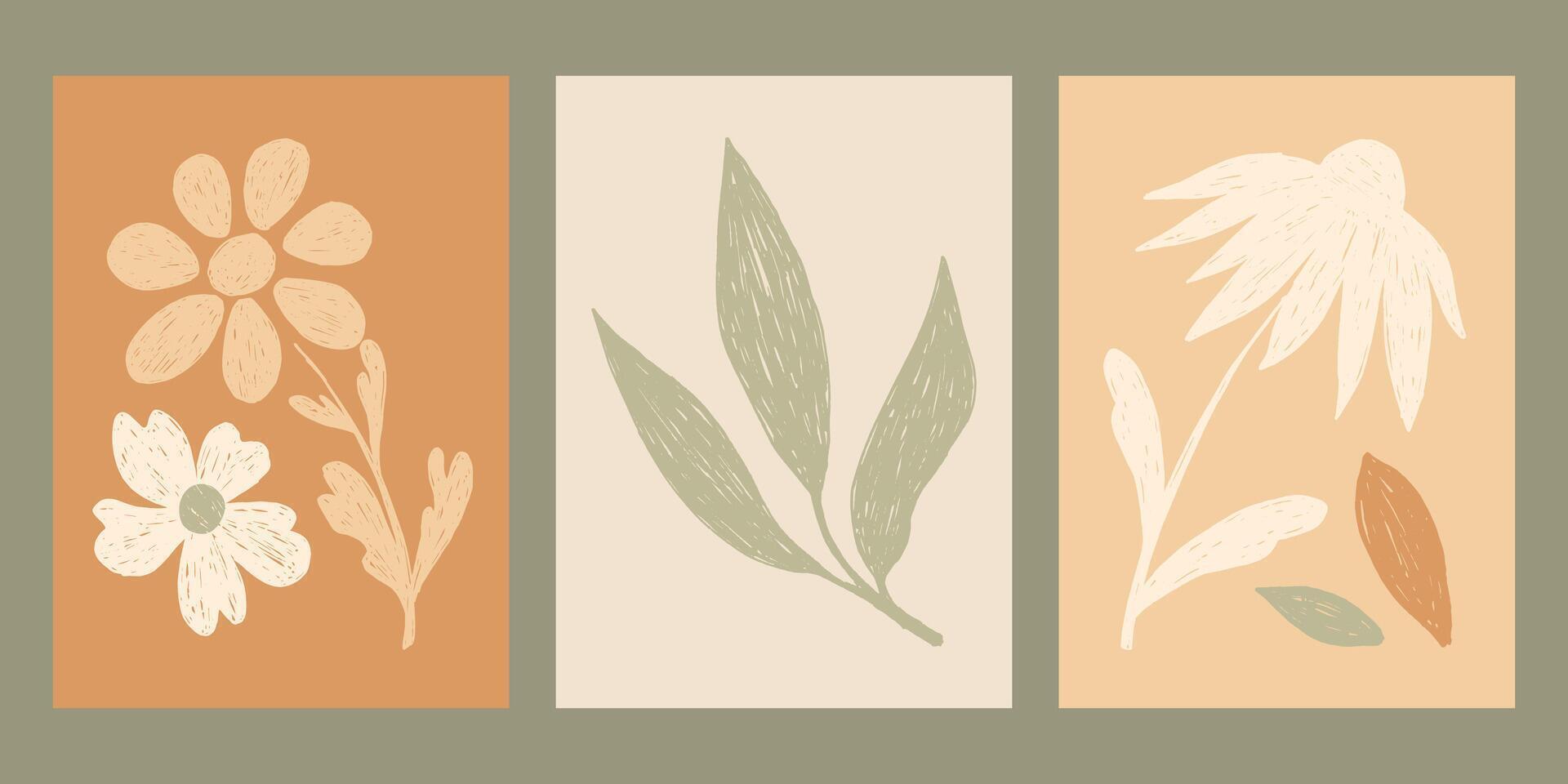 Poster set with abstract crayon drawn flowers. Boho minimal wall art designs with leaves, flowers in pencil drawn style. Modern art backdrop for cover, social media, wall art, flyer. vector