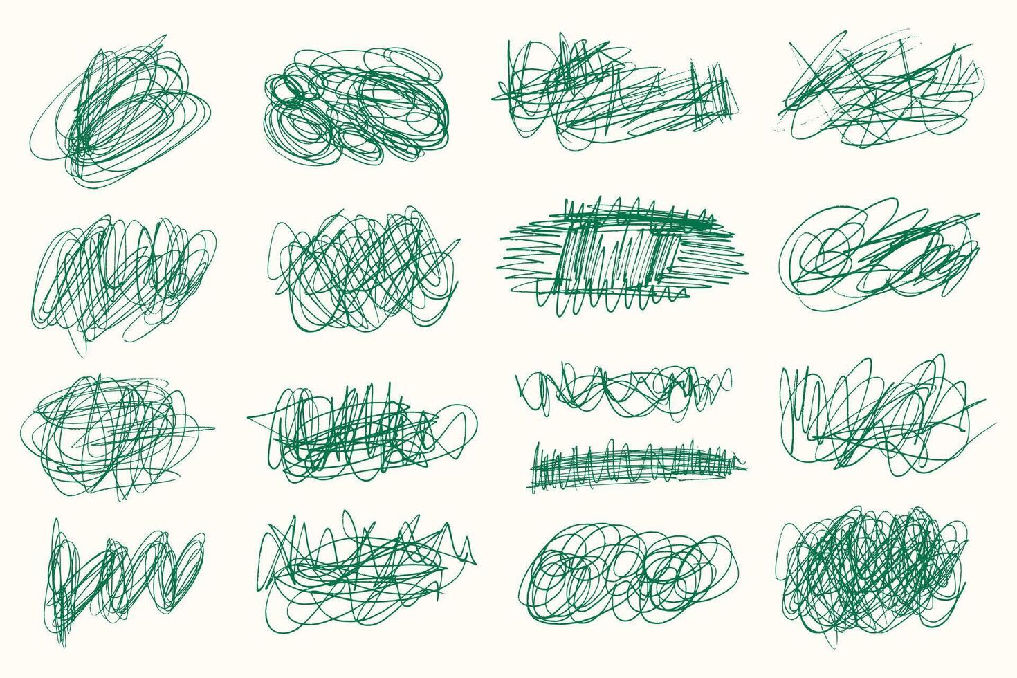 Tangled chaotic crazy lines set. Random green chaotic scribble lines collection on white background. Scrawl messy lines, expressive linework sketches. vector