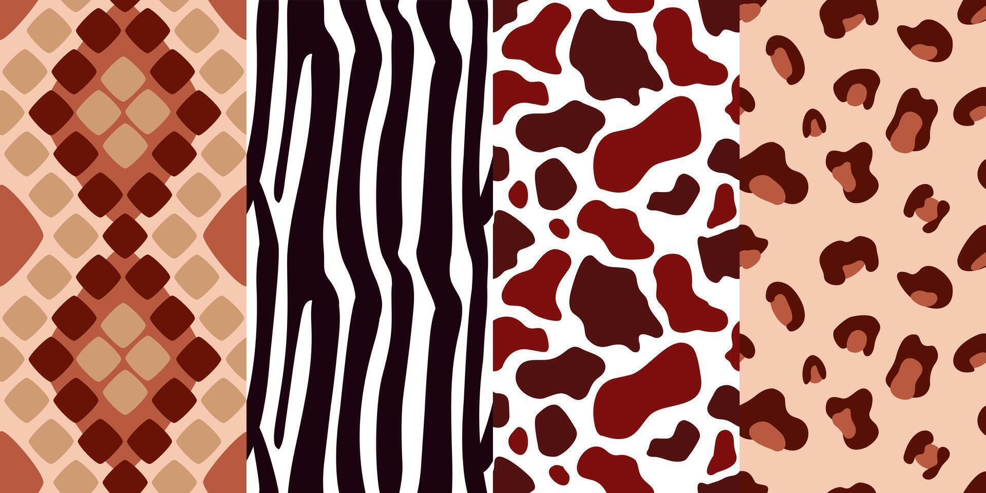 A set of seamless animal print patterns. The pattern is leopard, zebra, cow, snake. vector