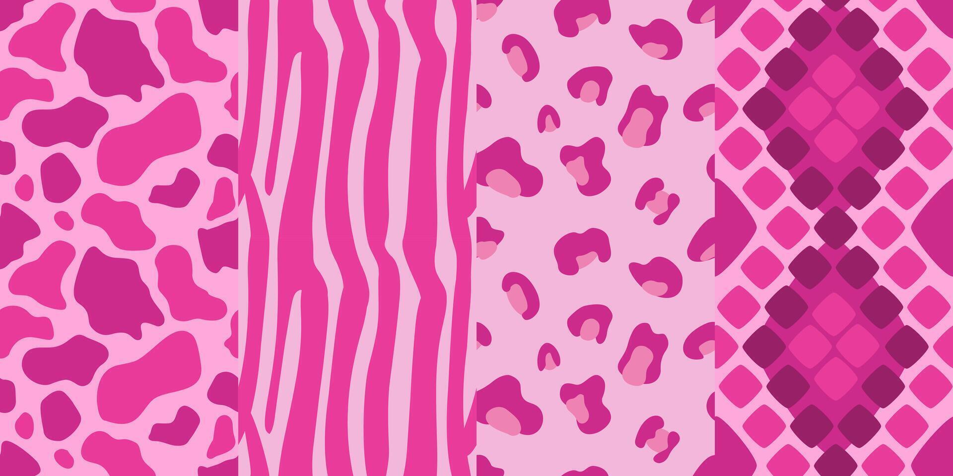 A set of seamless pink patterns with an animalistic print. The pattern is leopard, zebra, cow, snake. vector