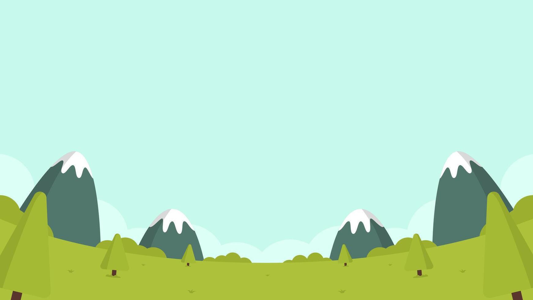 Flat illustration of a meadow with a bright blue sky and surrounded by hills and shrubs vector