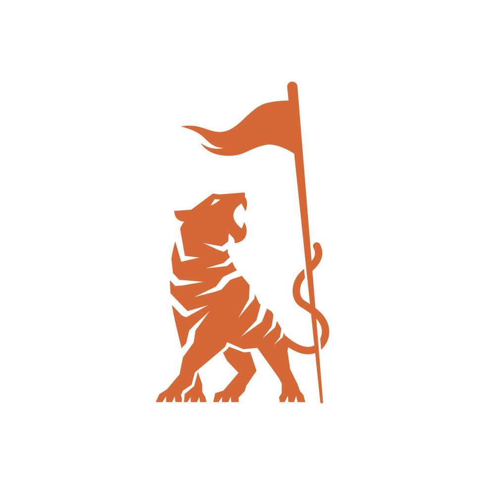 Orange Tiger Logo Holding Flag in Abstract Design Silhouette. Abstract illustration. vector