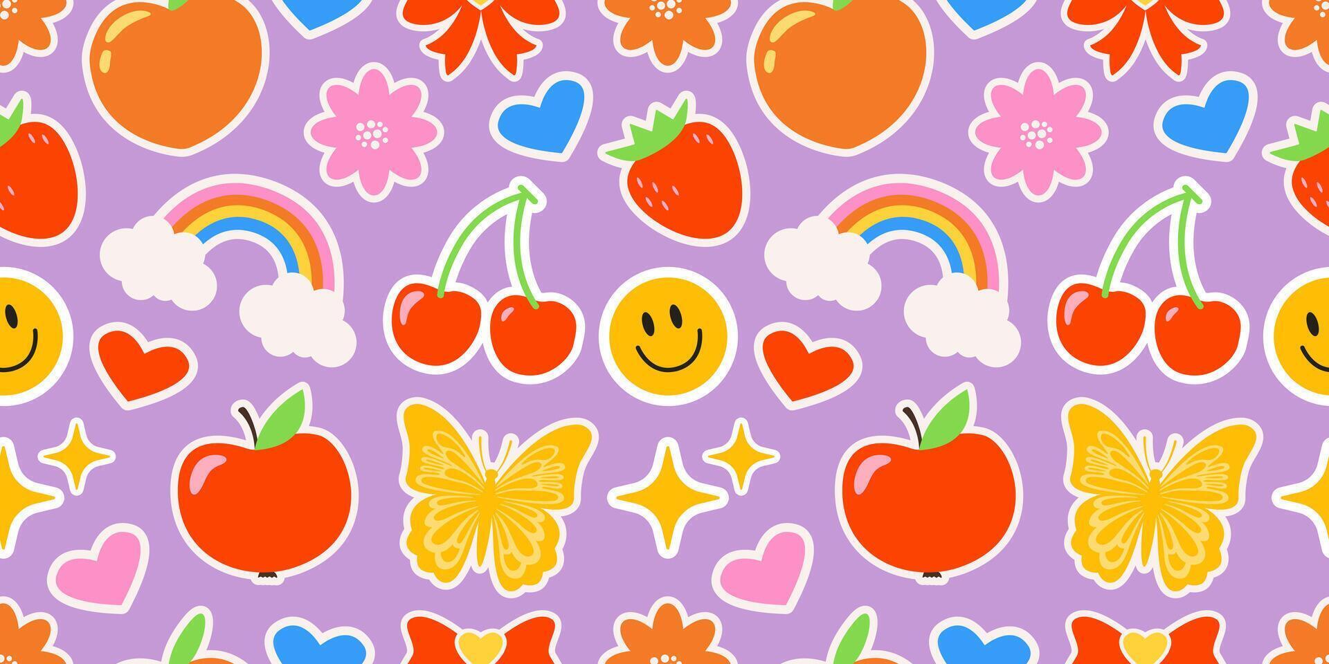 Children's groovy hippie pattern on a purple background with emoji stickers rainbow, flower, sparkle, butterfly, cherry, and smile labels. vector