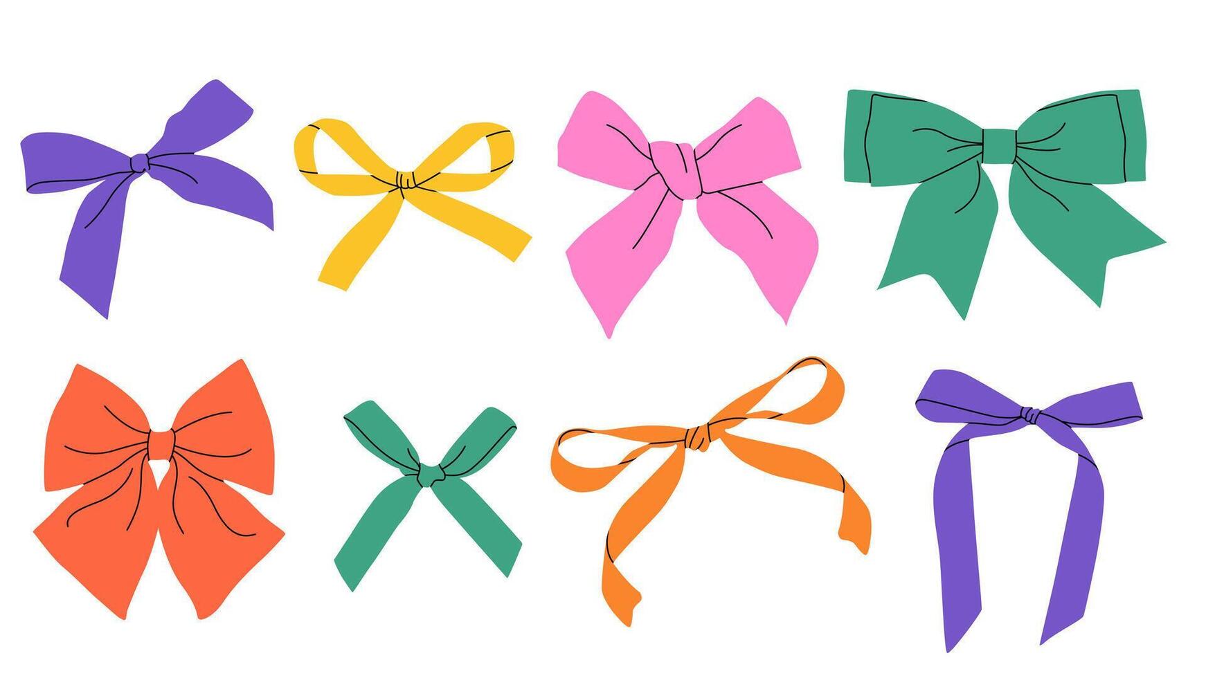 Contemporary colorful bow knots. Hand-drawn groovy illustration. Simple childish set with bows. Playful and whimsical design. Trendy hair braiding accessory. Wrapping paper. vector