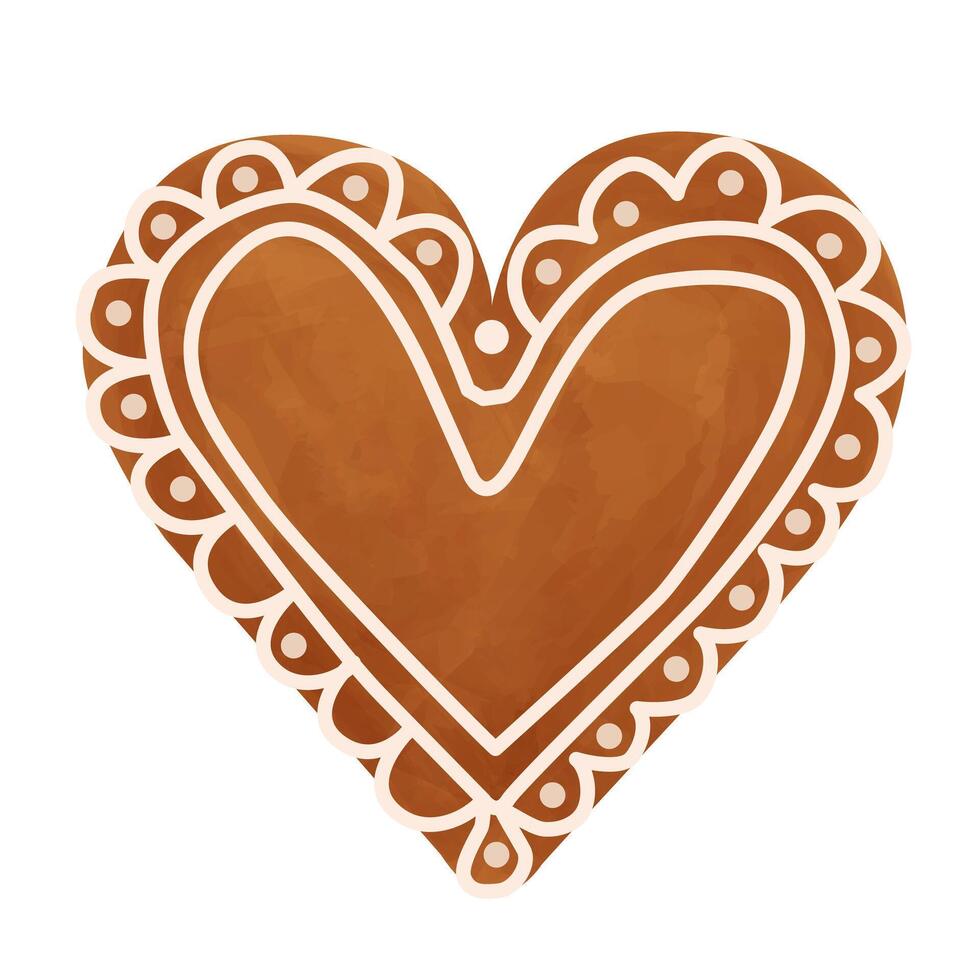 Christmas gingerbread in the shape of a heart, decorated with icing patterns. Watercolor illustration. Isolated illustration of cookies on a white background. vector