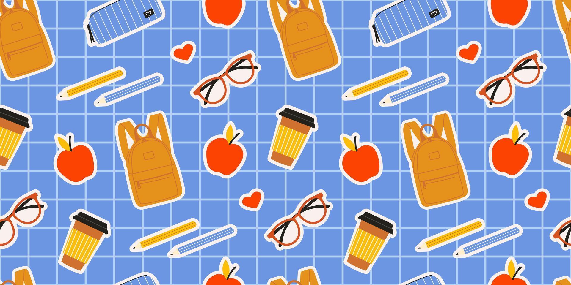 Back to school seamless pattern. Checkered blue background with glasses, coffee cup, red apple, backpack, and pencils. School supplies for textile fabric design, wrapping paper, and websites. vector