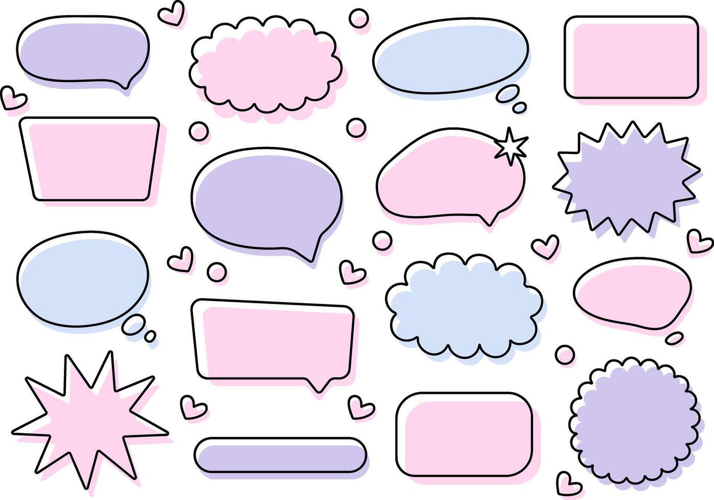 Trendy Pastel Purple Hand Drawn Set of Speech Bubbles. Can be used for various advertising and card designs. Cartoon comic pink and blue chat bubbles are isolated on a white background. vector