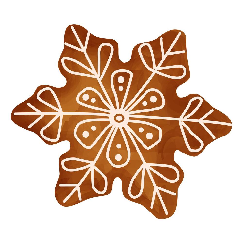 Christmas gingerbread in the shape of a snowflake, decorated with icing patterns. Watercolor illustration. Isolated illustration of cookies on a white background. New Year. vector