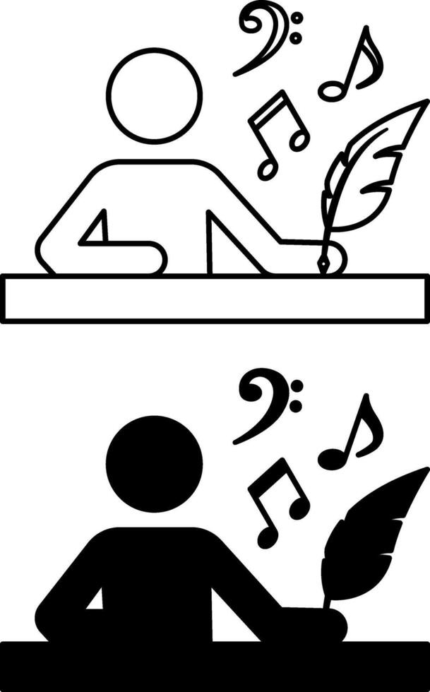 Music Composer Icons. Black and White Illustrations. Man with Pen Writes Melody. Musical Notes. Music Concept vector