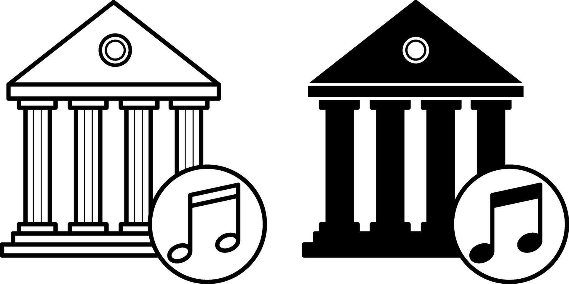 House Music Icons. Black and White Illustration. Concert Building and Musical Note. Music Concept vector