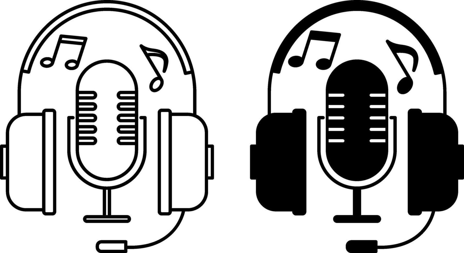 Music Icons. Black and White Illustrations. Headphones, Microphone, and Musical Notes. Melody and Sounds vector
