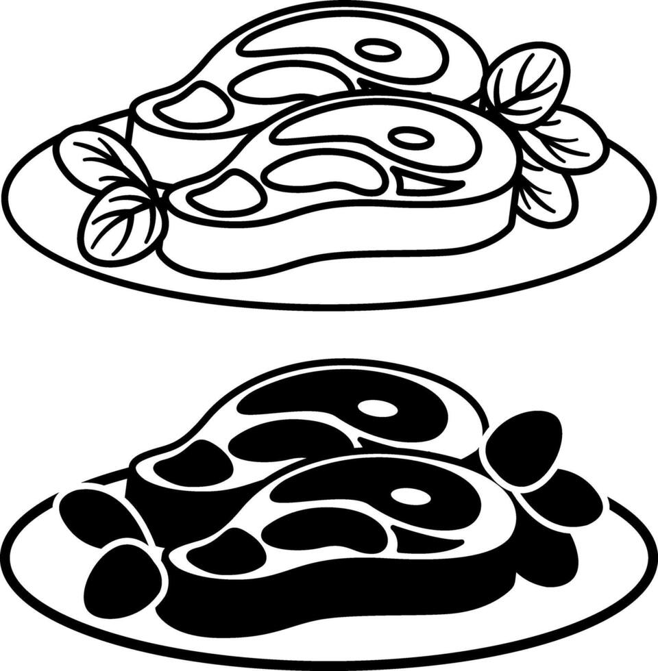 Beef Icons. Black and White Illustrations. Two Pieces of Meat on a Plate with Lettuce Leaves. Ready Meal, Food. Grocery Concept vector