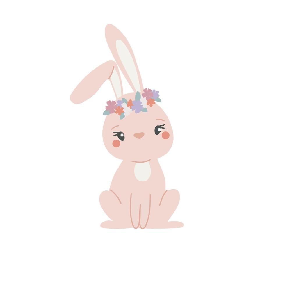 Cute cartoon bunny. Easter greetings with bunny, eggs and flowers. vector