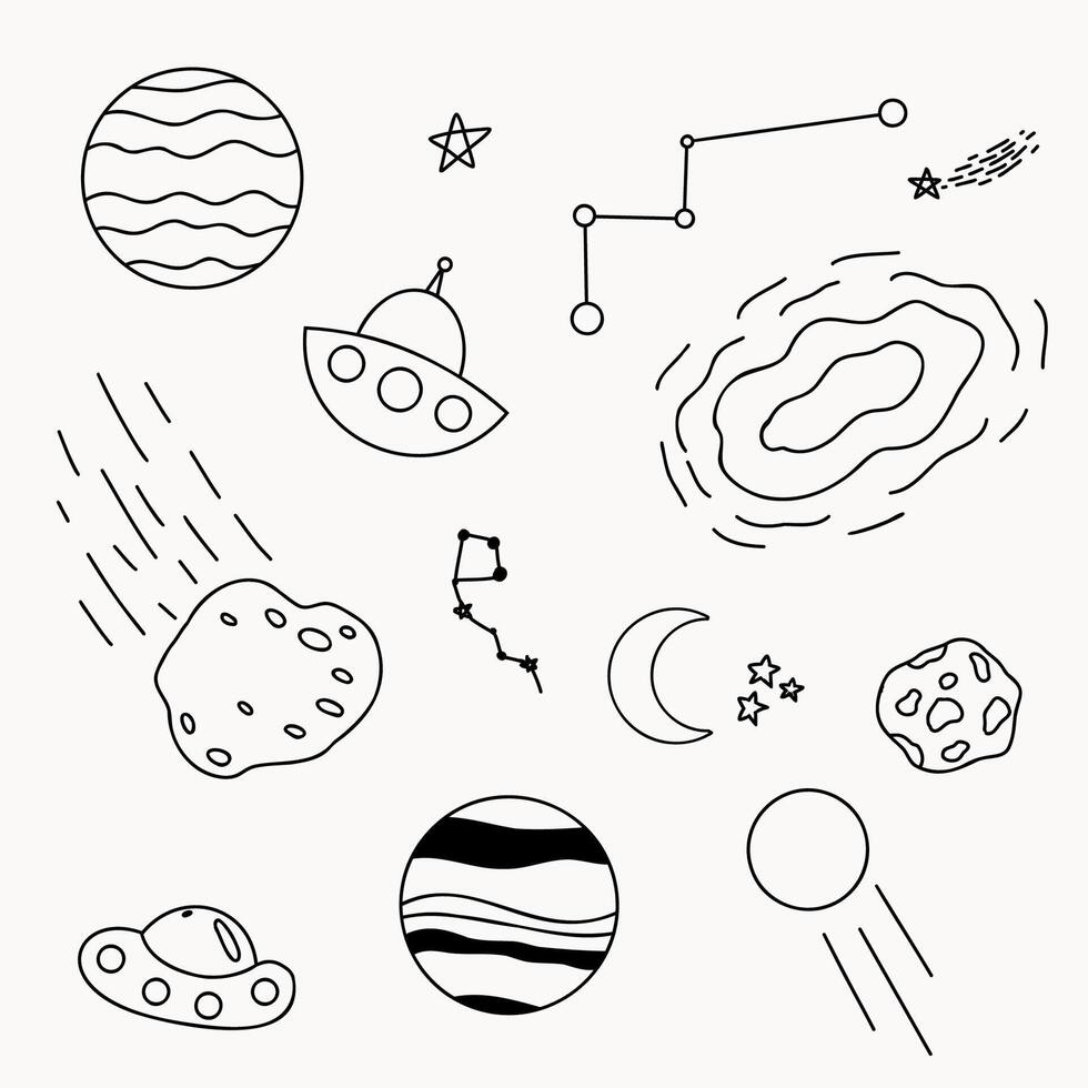 Doodle space illustration set, design elements for any purpose. Hand drawn spaceship, planets, stars, comets, asteroids and UFO. vector