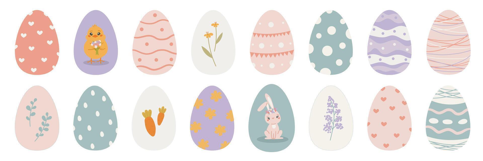 Set of colorful decorated Easter eggs with floral, geometric, and seasonal patterns. Flat illustration style. Easter celebration and springtime holiday concept. vector