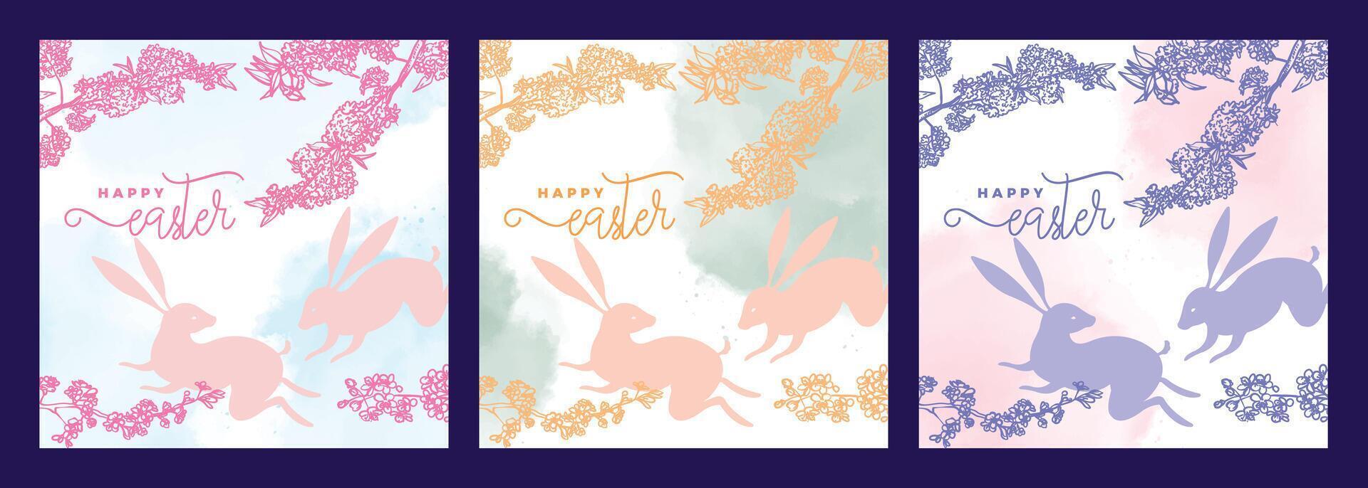 Elegant Easter square designs with bunnies, hand drawn line art cherry blossoms and watercolor splatters. Set of pastel illustrations for social media, web and print projects. vector