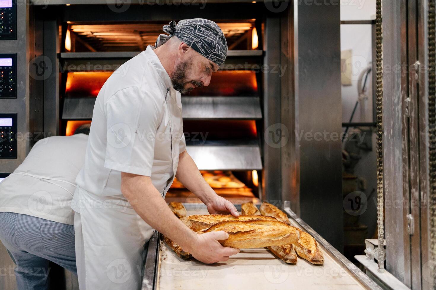 Baker picking bread from the conveyor belt photo