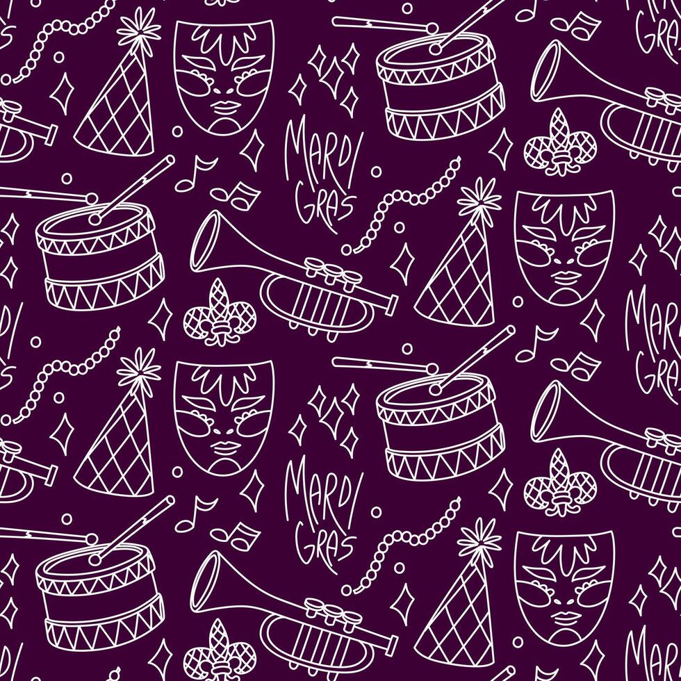 Mardi Gras doodle pattern on purple. Texture of inscriptions, masks, musical instruments, hats, beads, confetti. for advertising campaign products, decorations related to carnival celebrations, events vector