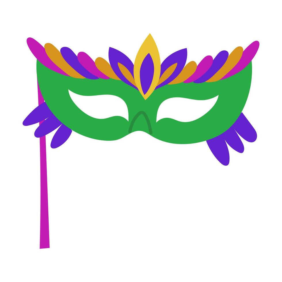 mask with feathers on a stick for Mardi Gras. Bright color flat isolated illustration. For use in the design of materials, advertising, goods and decor related to holidays, carnival events, parties vector