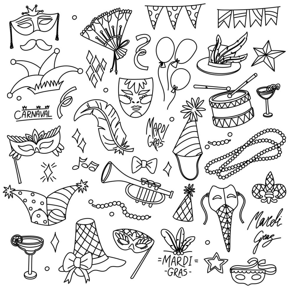 set of doodles for the Mardi Gras holiday. items are ideal for use in holiday themes, event decorations, promotional materials, and products related to carnival celebrations. The lines are monochrome vector