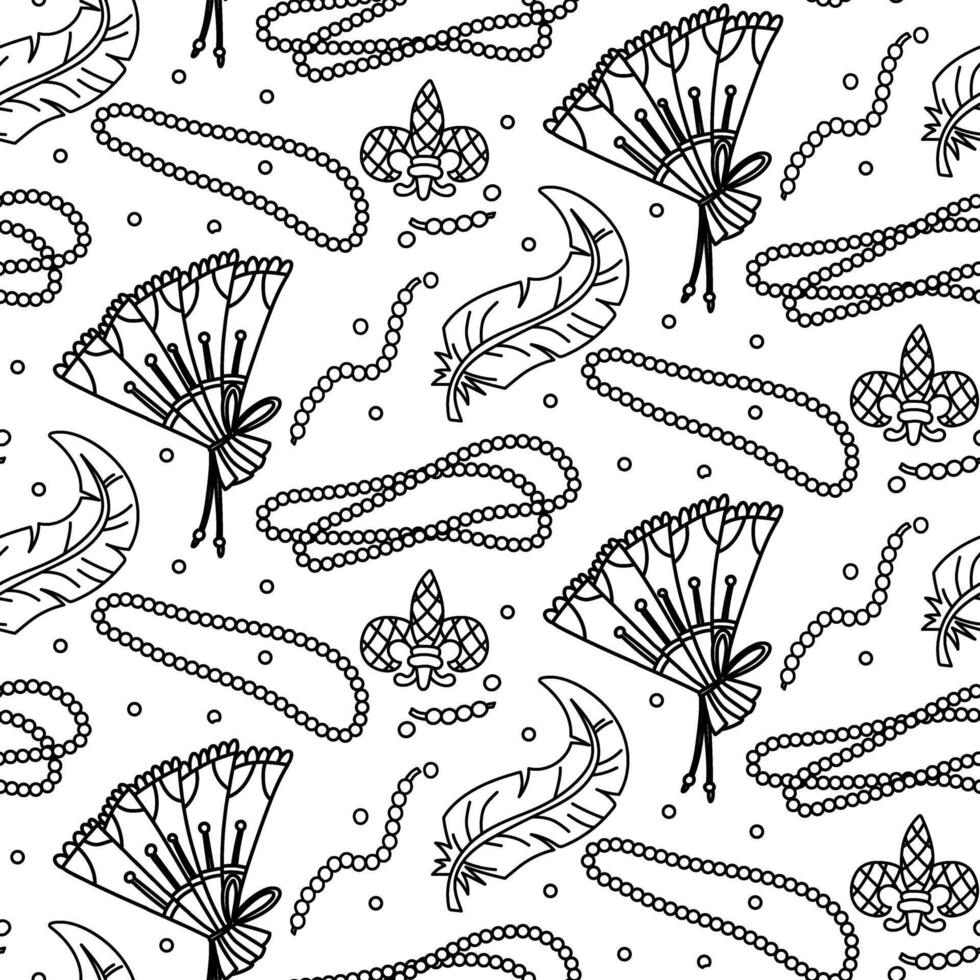 Doodle pattern beads, fan, feathers Mardi Gras sign. Costume party items. creating invitations, decorations, advertisements, as well for decorating clothes and accessories for carnival, festive events vector