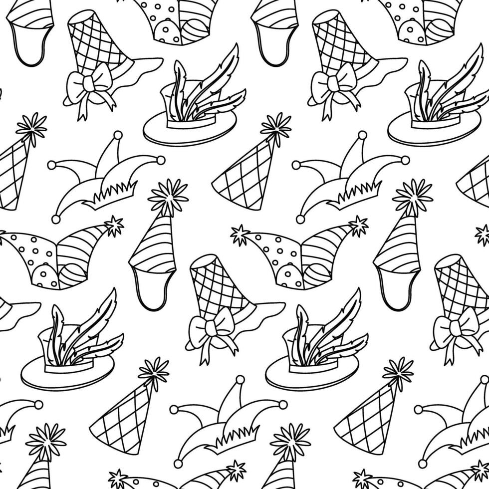 doodle pattern of various hats for Mardi Gras. Linear illustration is suitable on white for decoration of carnival events, festive accessories, promotional materials and is related, holidays vector
