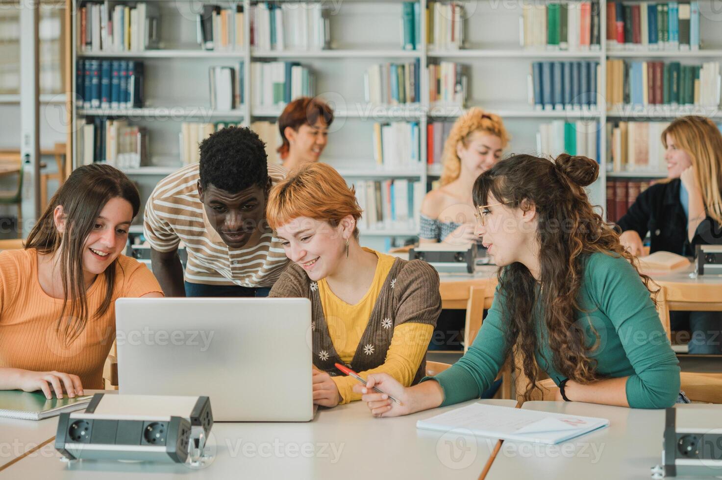 Diverse students discussing data on laptop photo