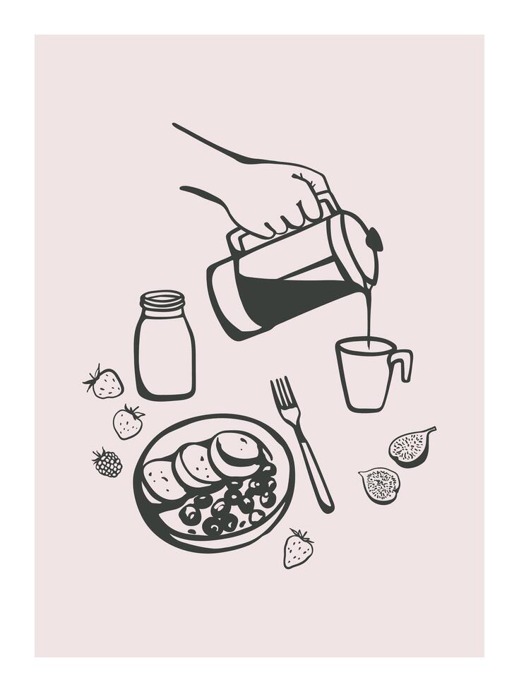 Hand drawn breakfast meal illustration set. Coffee in french press, curd fritters, yogurt and fruits. Food design for poster, menu, social media vector