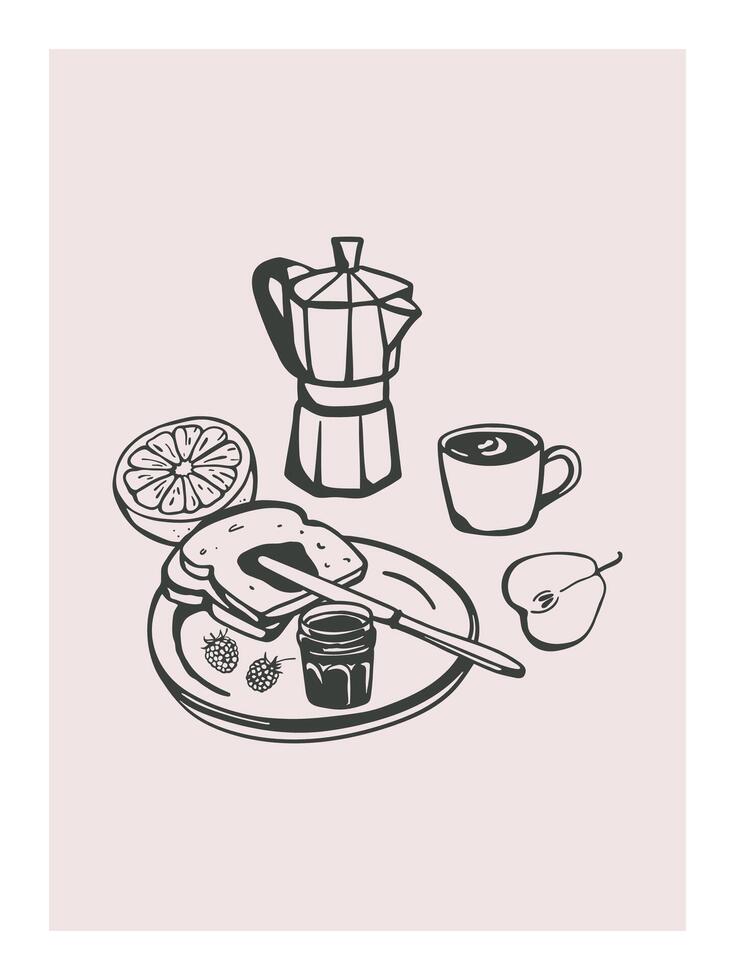 Hand drawn breakfast meal composition. Cup of coffee, toasts, jam and fruits. Food design for poster, menu, social media vector