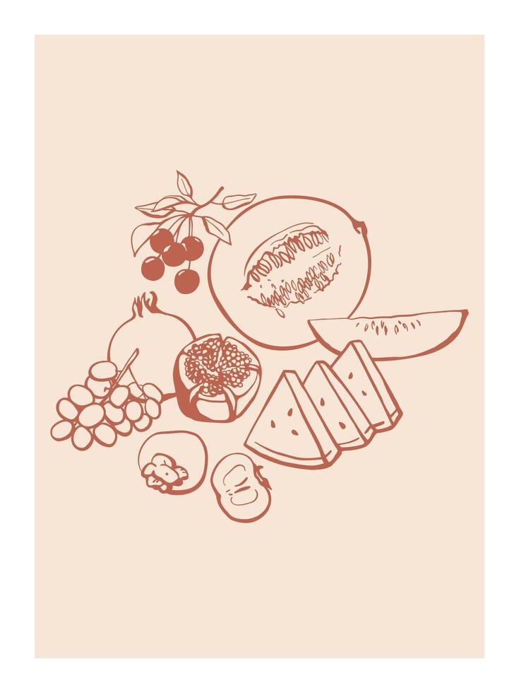 Simple composition with hand drawn fruits and berries. Melon, grapes, pomegranate, cherry and watermelon vector