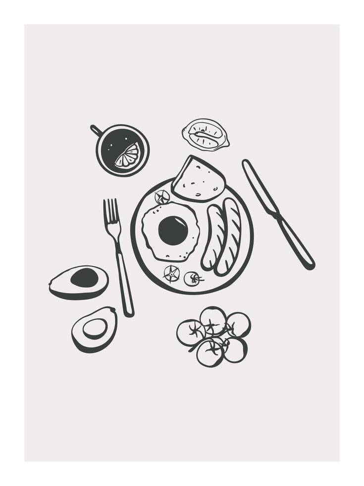 Hand drawn breakfast meal illustration. Cup of tea, egg, sausages and avocado. Food design for poster, menu, social media vector