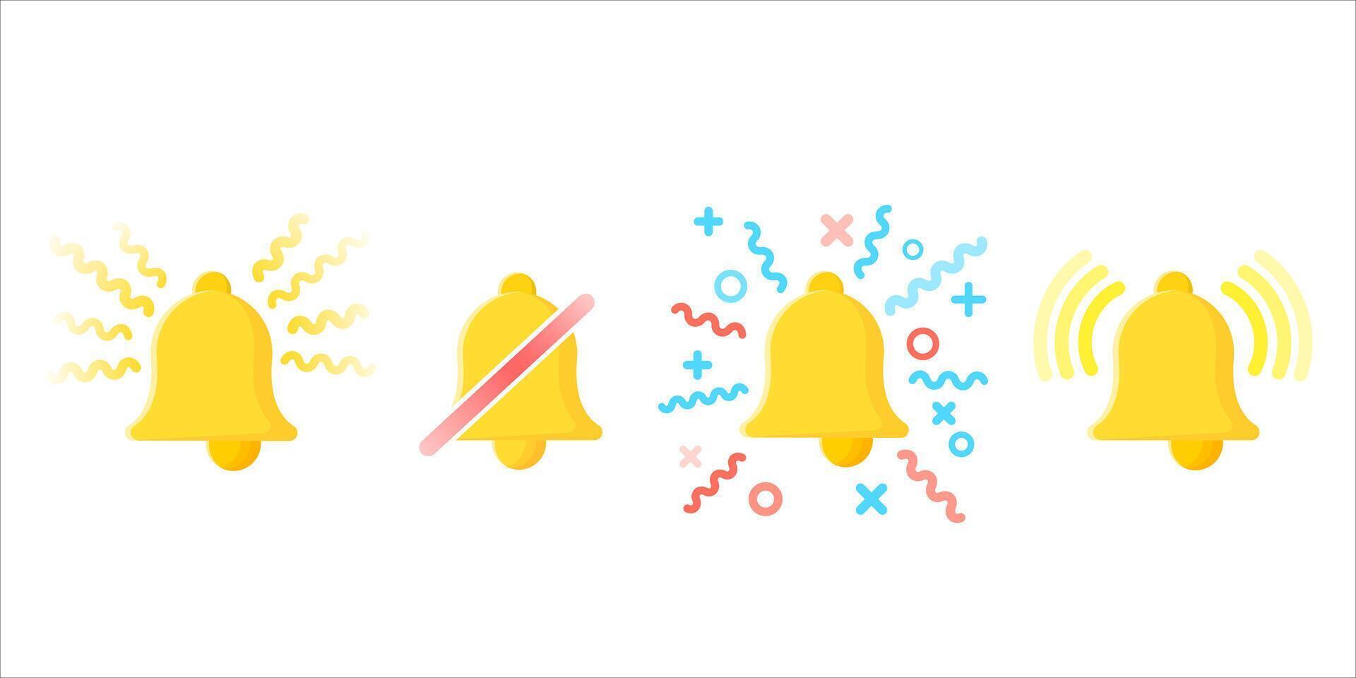 Set of flat style yellow alert bells with lines and symbols, on white background vector
