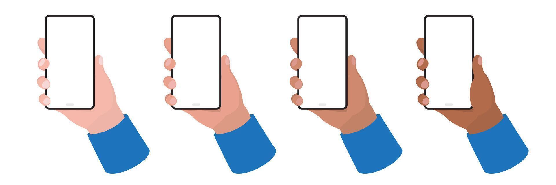 Male hand holding a phone with a blank screen, on white background. 4 different skin tones. mockup template vector