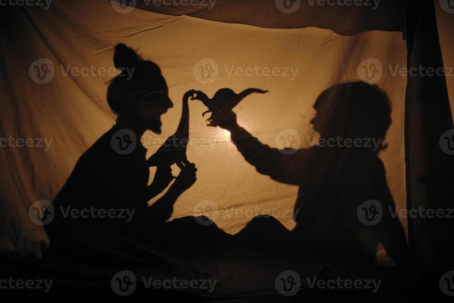 Silhouette of mother and son playing in shadow theater photo