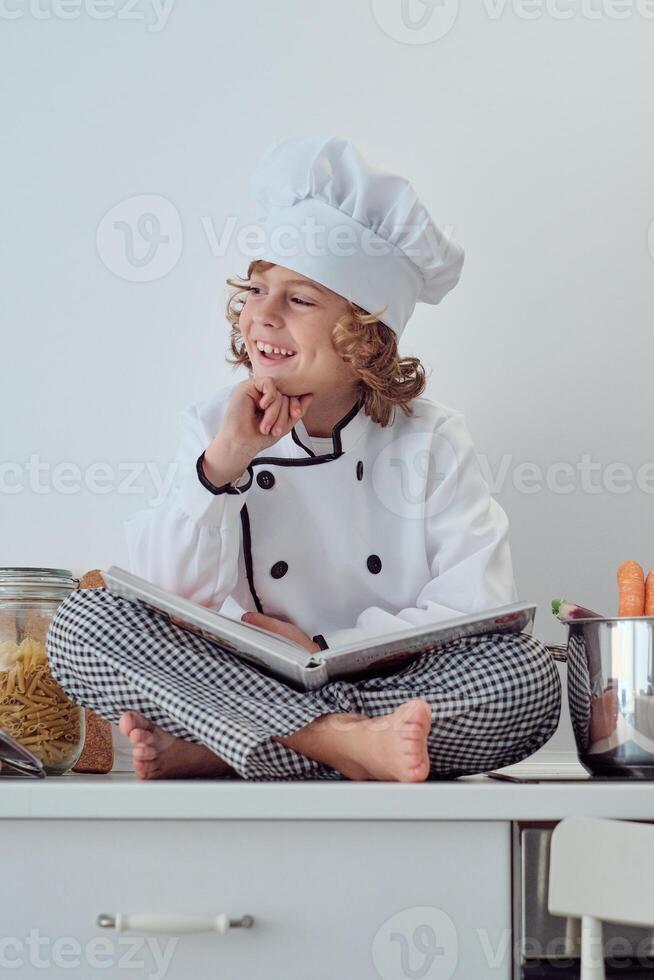 Happy preteen boy with cookbook sitting on kitchen cabinet photo