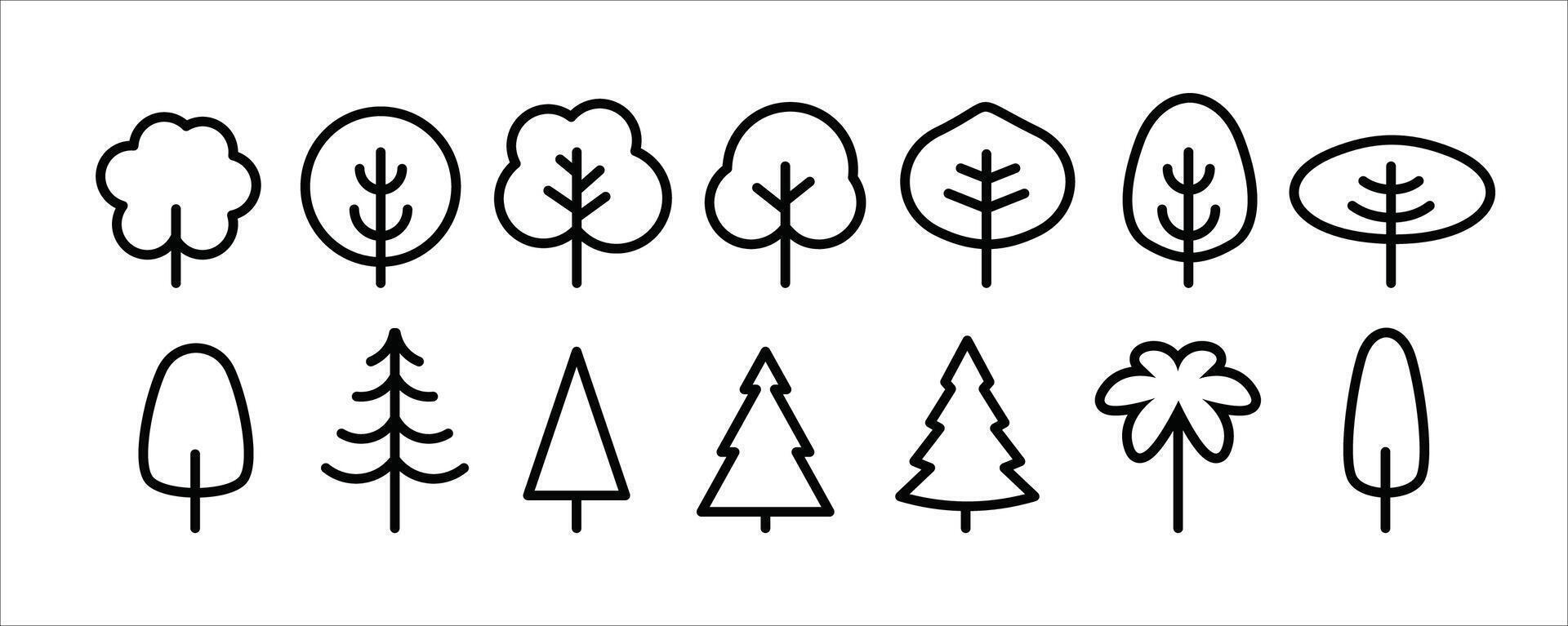 Minimalist tree icon set with different shapes. Simple linear design for eco friendly concepts, environmental graphics, branding, web design, and nature projects. illustration vector