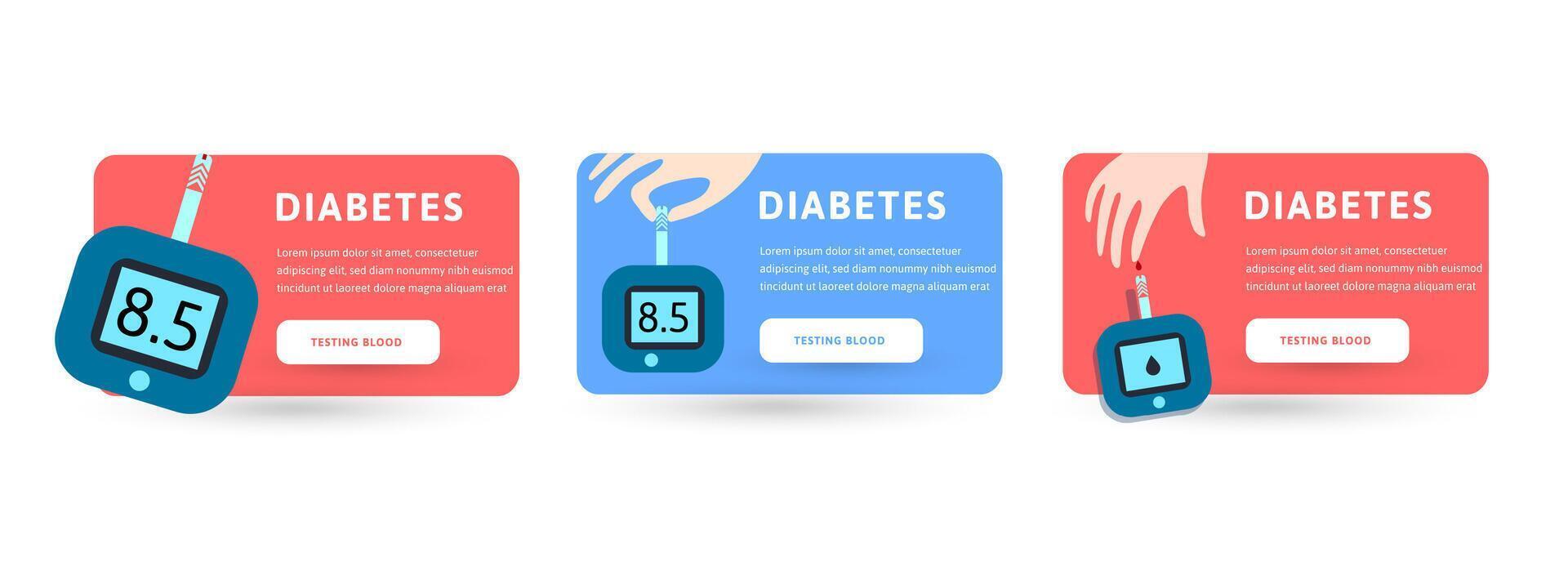 Diabetes awareness banners featuring blood glucose meters and testing process. Blood sugar monitoring, medical care, health education. Flat infographic design. illustration vector