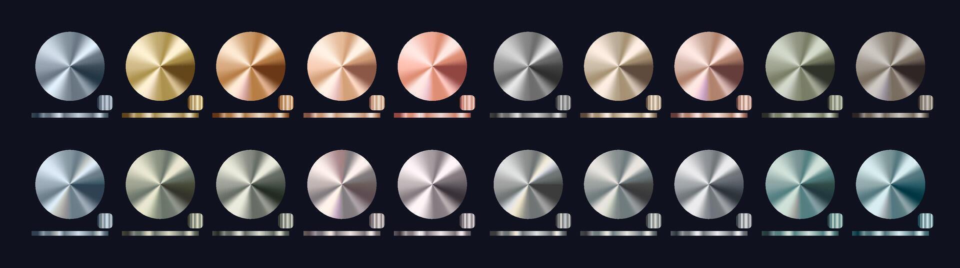 Realistic metallic gradient set with brushed textures in various shades of gold, silver, bronze, steel. Shiny polished surfaces for branding, design, and luxury product visuals. illustration vector