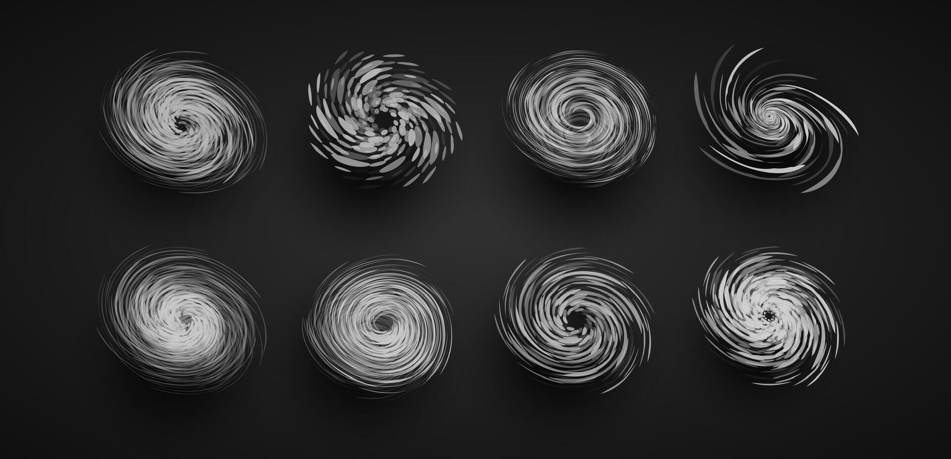 Set of tornado, hurricane, typhoon swirl icons representing extreme weather events. Used for weather forecasts, disaster warnings, meteorology infographics. Dynamic storm effect. illustration vector