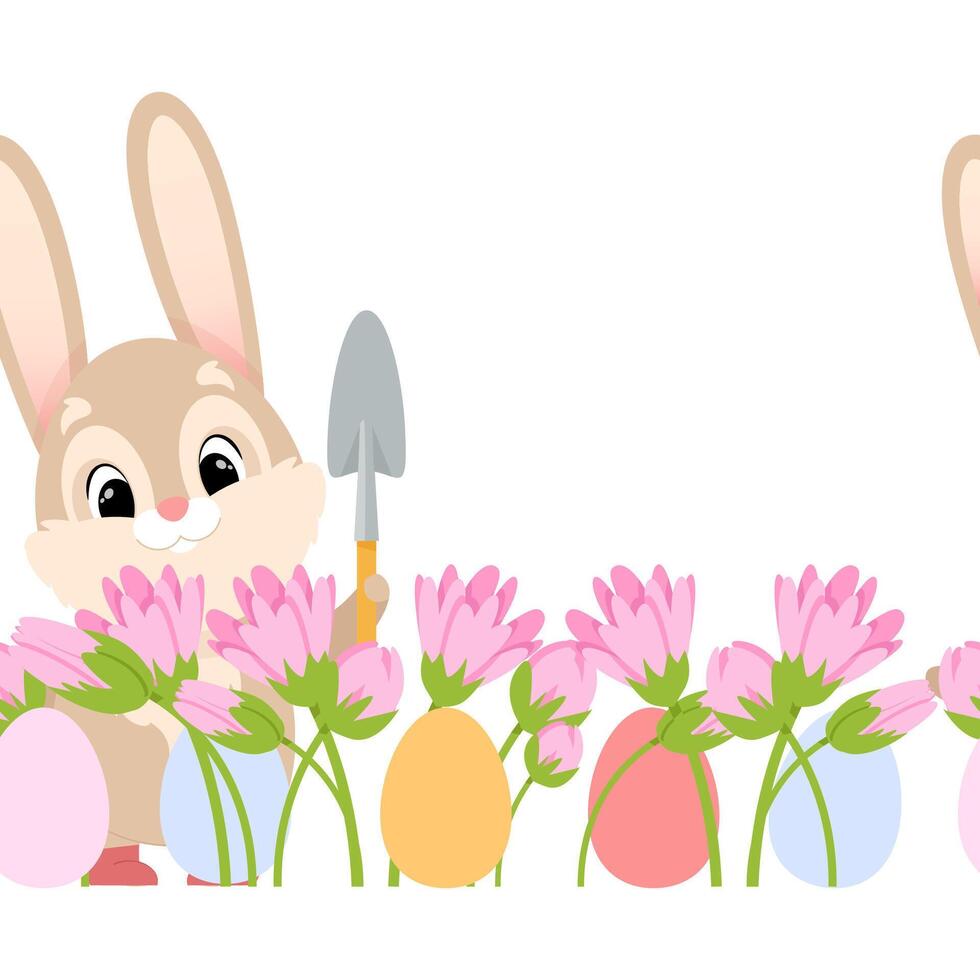 Easter spring seamless border of cute cartoon gardener bunnies with flowers and eggs vector