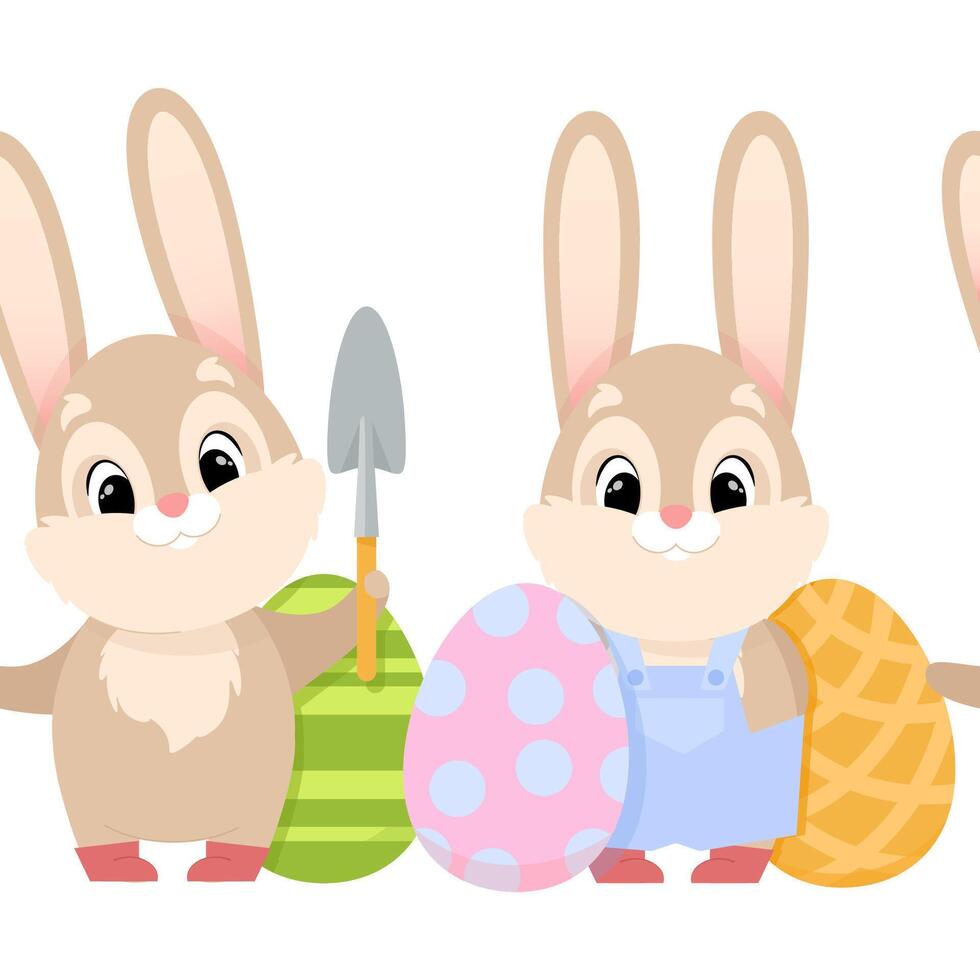 Seamless border of cute Easter bunnies and eggs vector