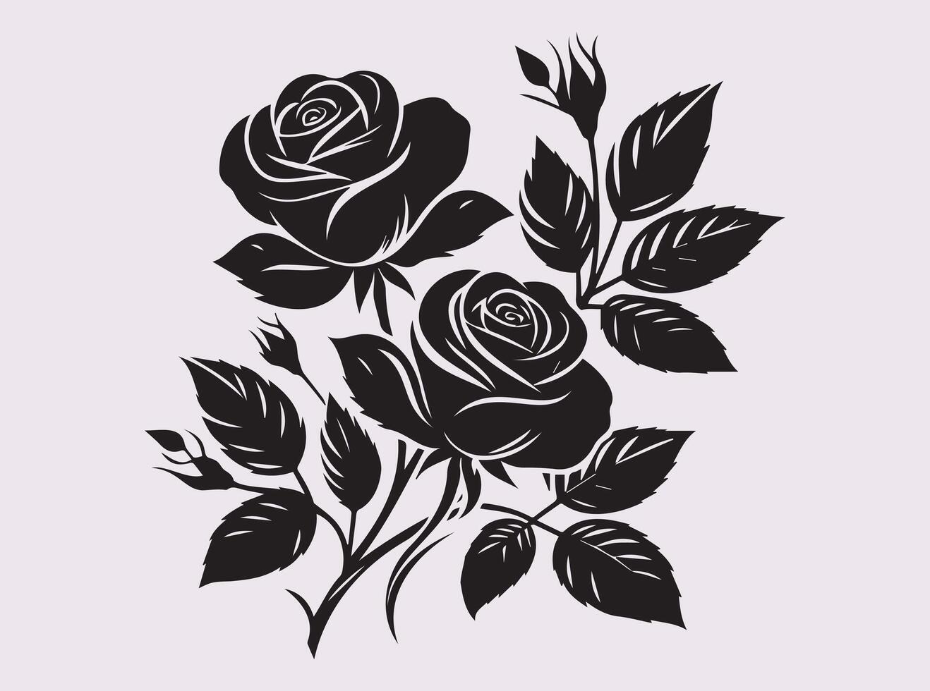 Rose silhouettes illustration. Black buds and stems of roses stencils isolated on white background vector