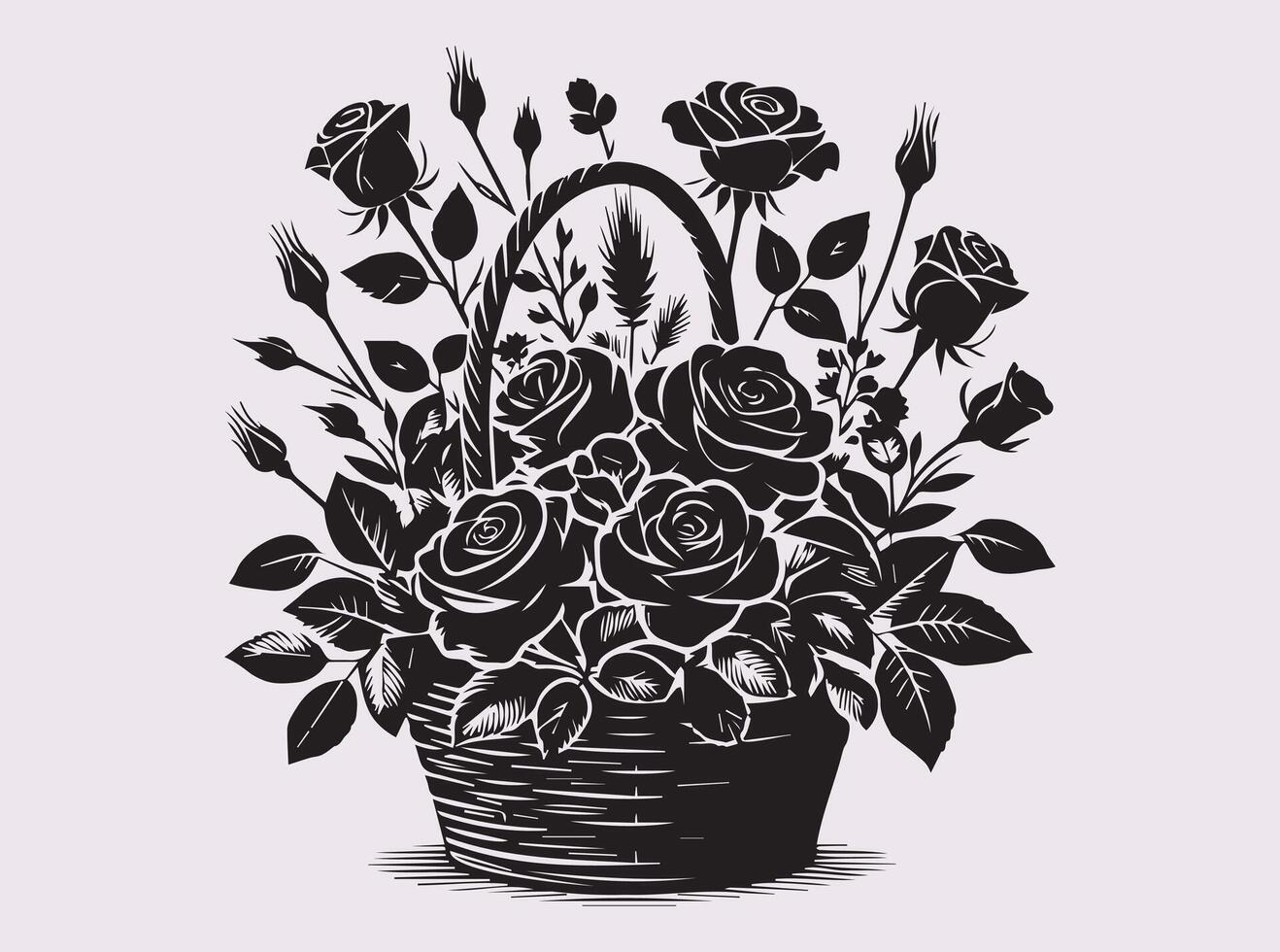 Delicate Rose Basket Silhouette in Black with Elegant Leaf Patterns vector