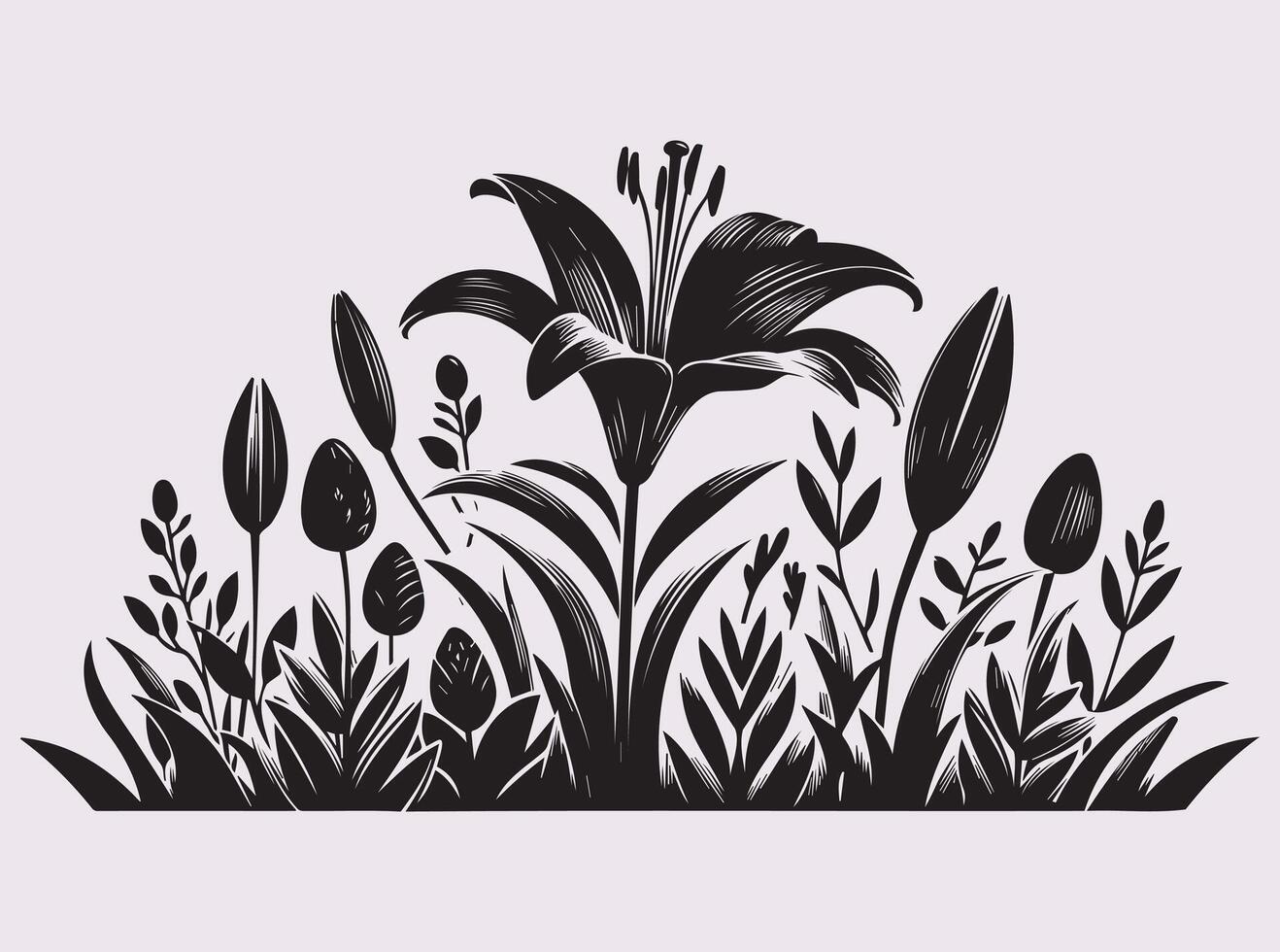 Black silhouette of Easter Lily flowers. illustration. vector