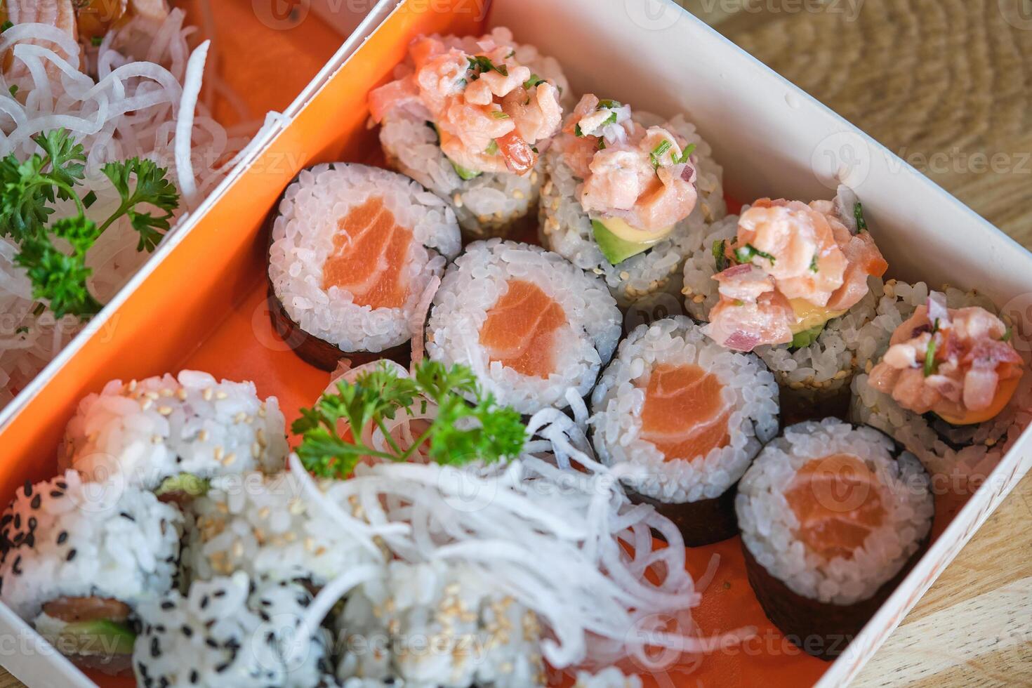 Set of sushi rolls with fish photo