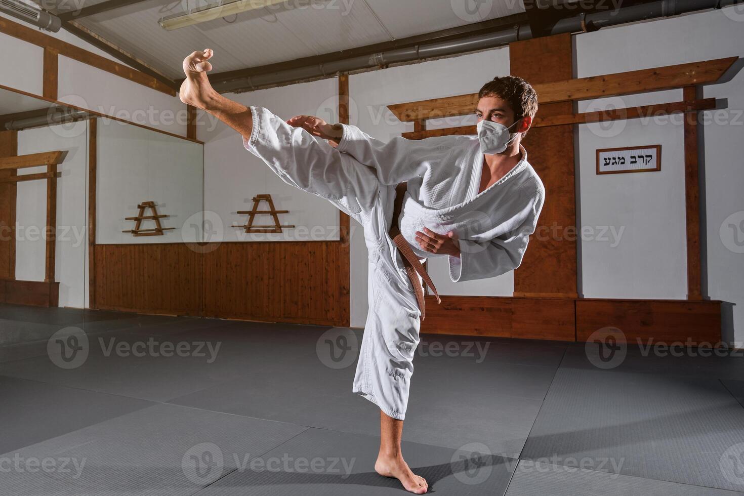 Male in mask demonstrating Krav Maga pose photo