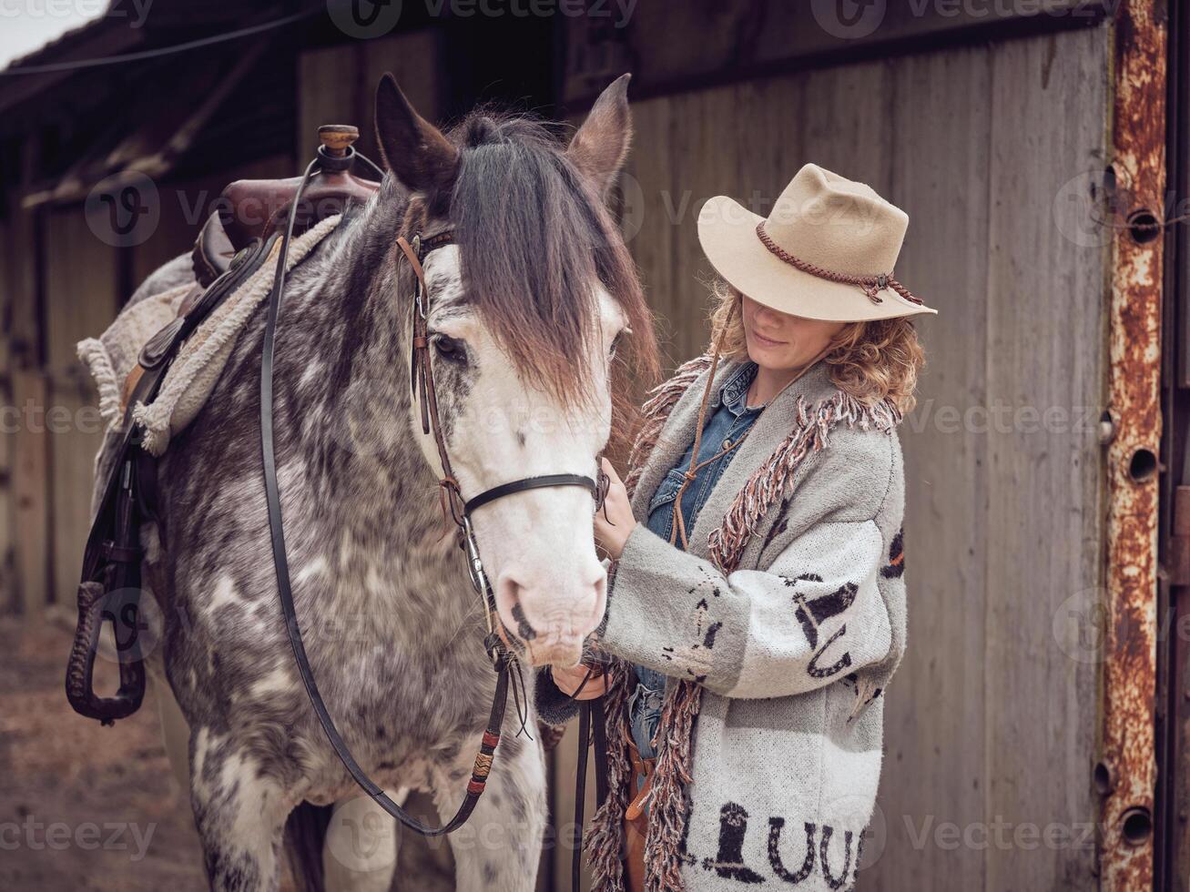 Unrecognizable woman petting purebred horse photo