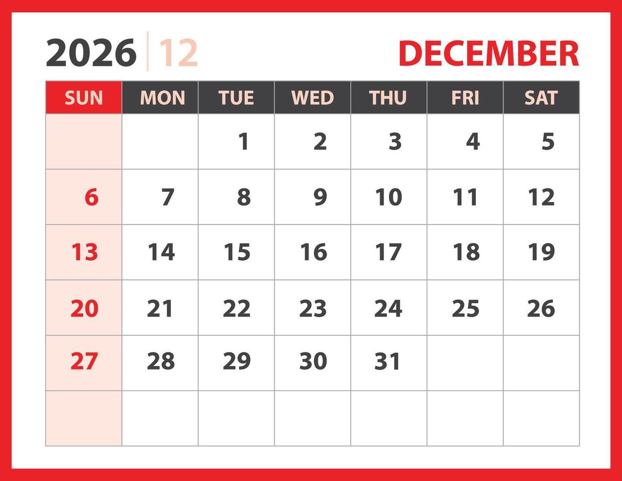 Calendar 2026 year - DECEMBER 2026 template vector