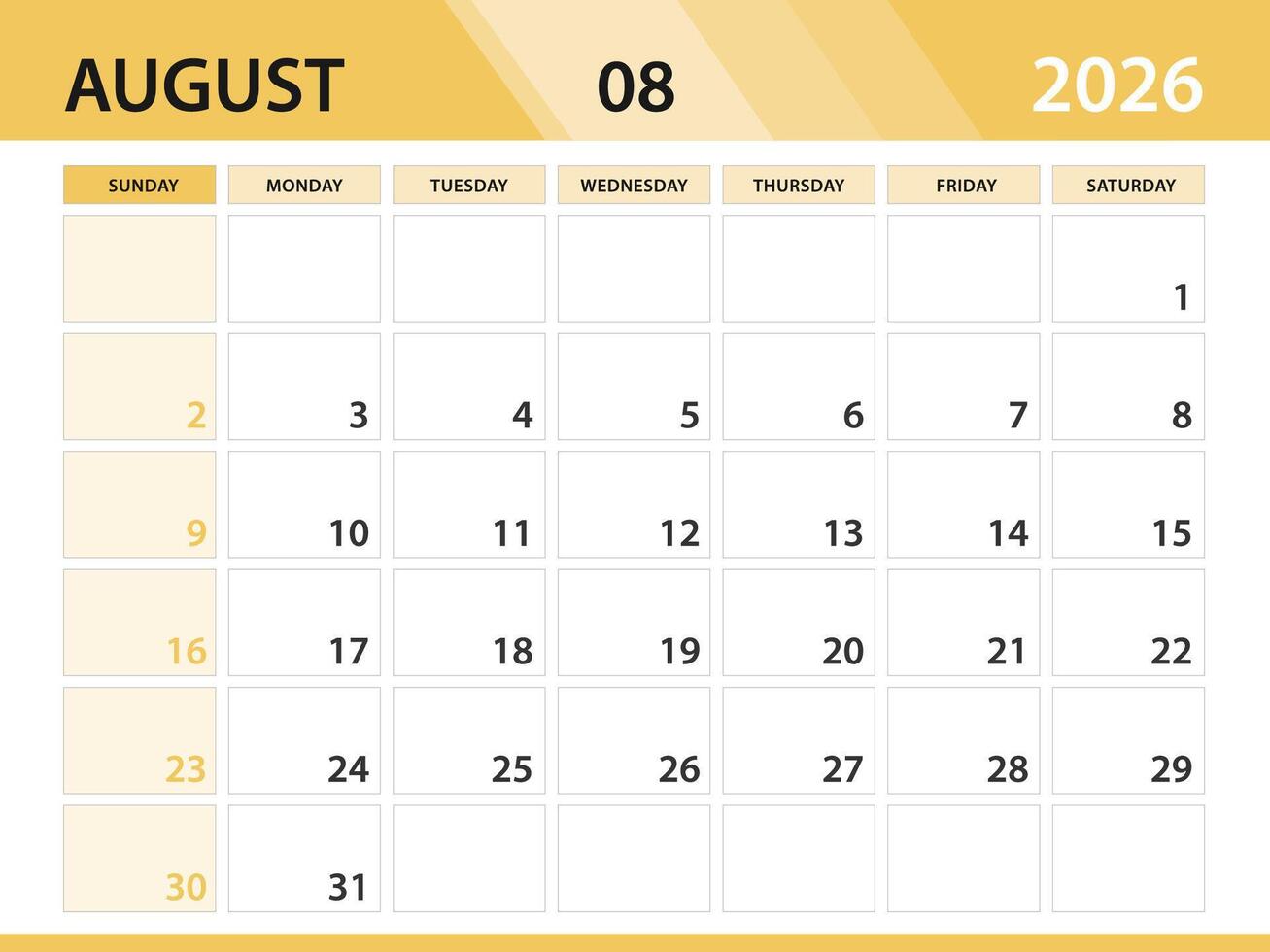 AUGUST 2026 year template, calendar 2026 year, orange background concept vector