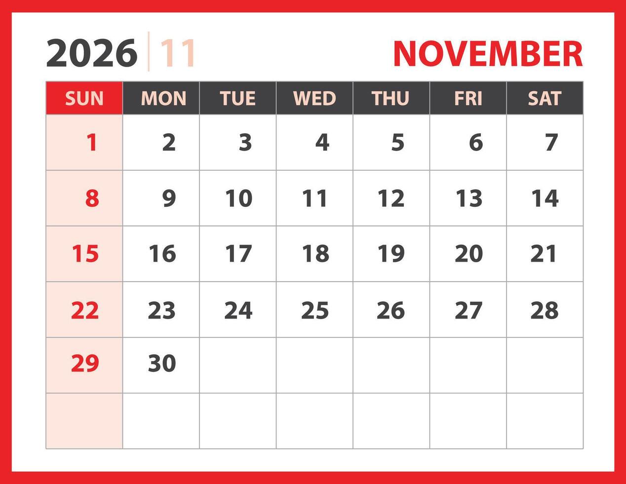 Calendar 2026 year - NOVEMBER 2026 template vector